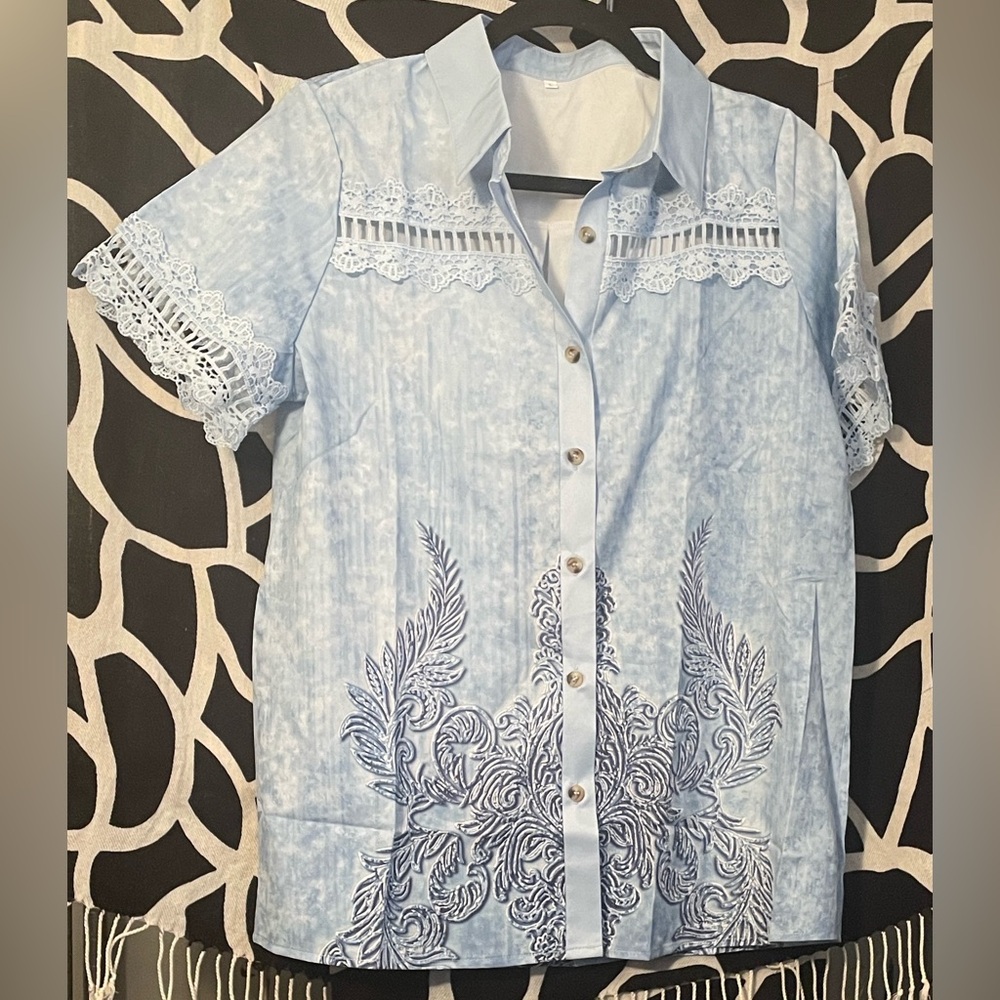 Blue Short Sleeve Button-Up Shirt with Lace Details